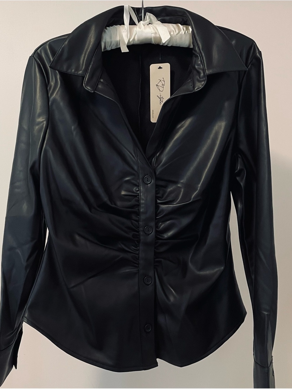 Black Faux Leather Ruched Button-Up Top